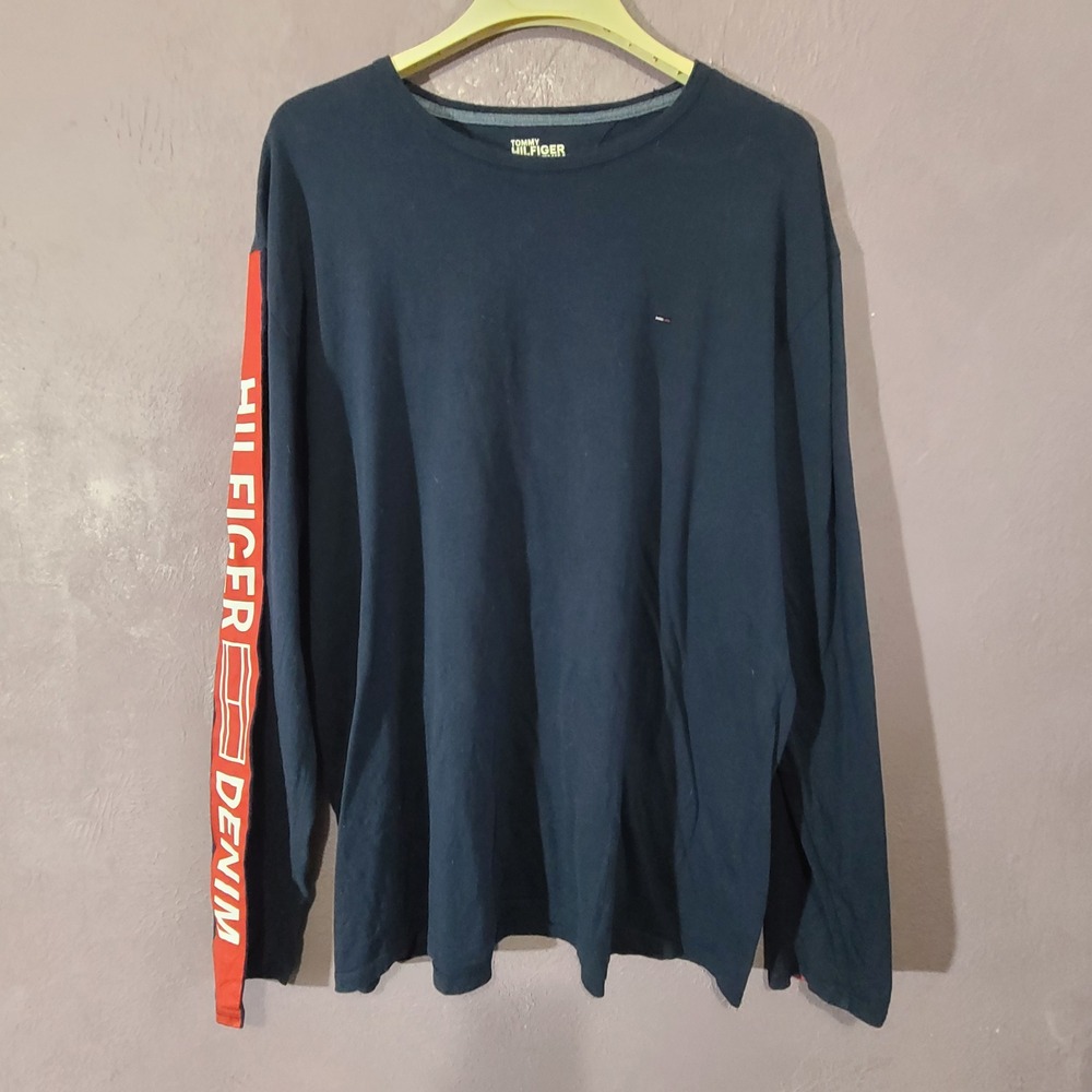 Tommy Hilfiger Denim Long Sleeve Shirt Mens XXL Navy Blue Logo Red Sleeves Chest